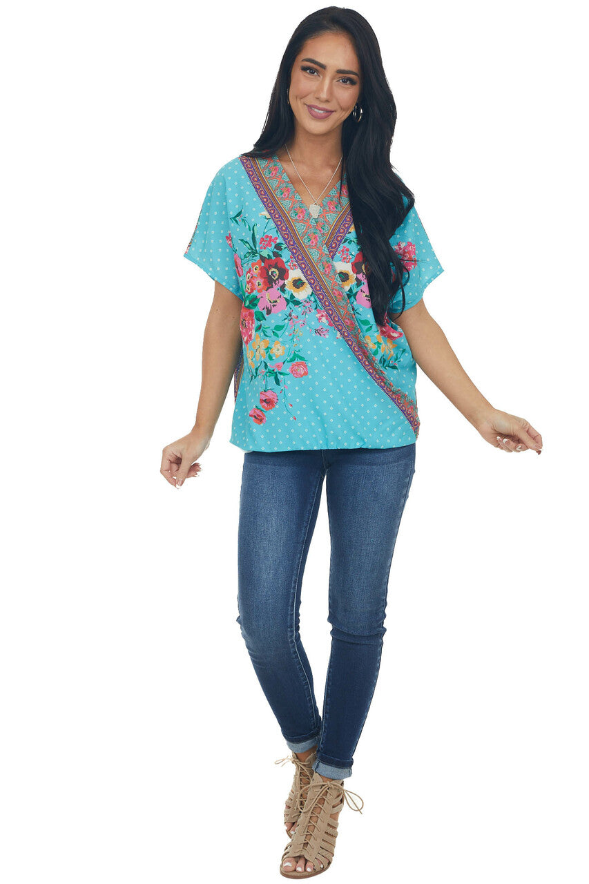 Aqua Blue Multiprint Short Sleeve Surplice Top