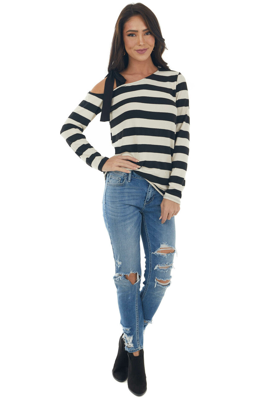 Cream Striped Top with Tied Cold Shoulder