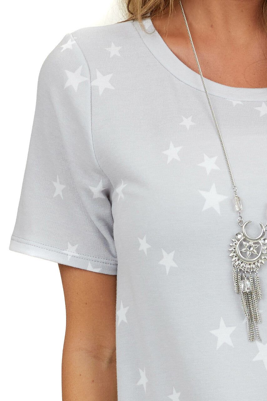 Dove Grey Star Print Short Sleeve Round Neck Knit Top 