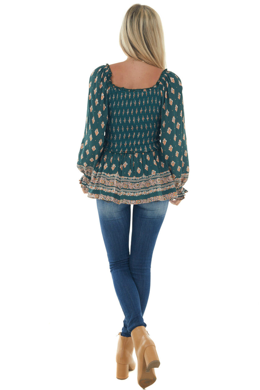 Pine Green Printed Off Shoulder Smocked Blouse