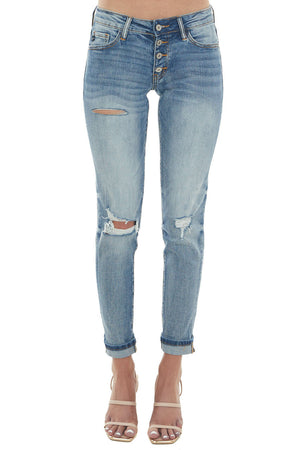 Medium Wash Jeans with Distressed Details and Ankle Cuffs