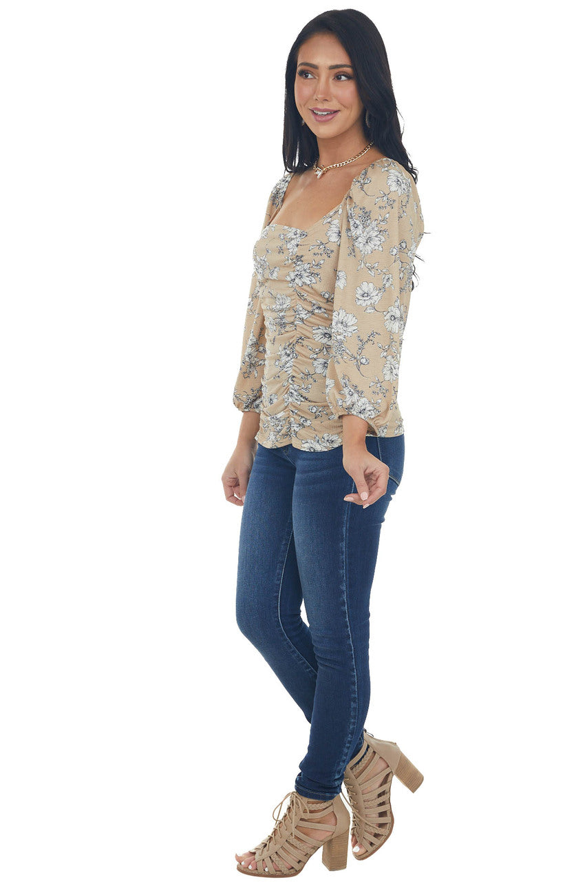 Oatmeal and Ivory Floral Peasant Sleeve Top