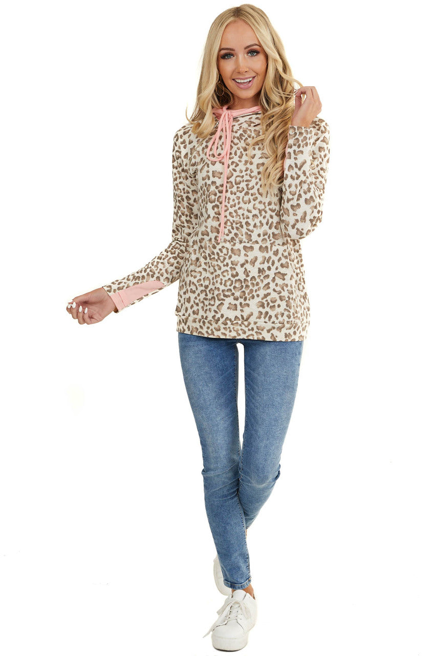 Ivory Leopard Hoodie with Pink Contrast and Side Zipper 