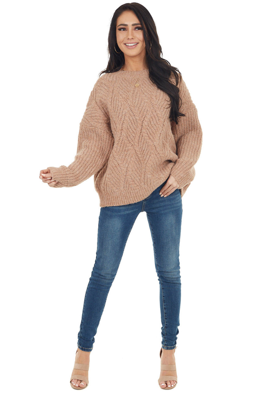 Faded Camel Long Sleeve Textured Knit Oversized Sweater