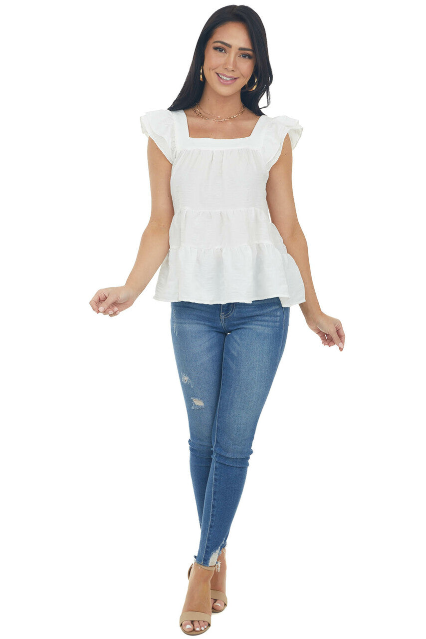 Ivory Square Neck Ruffle Tiered Blouse