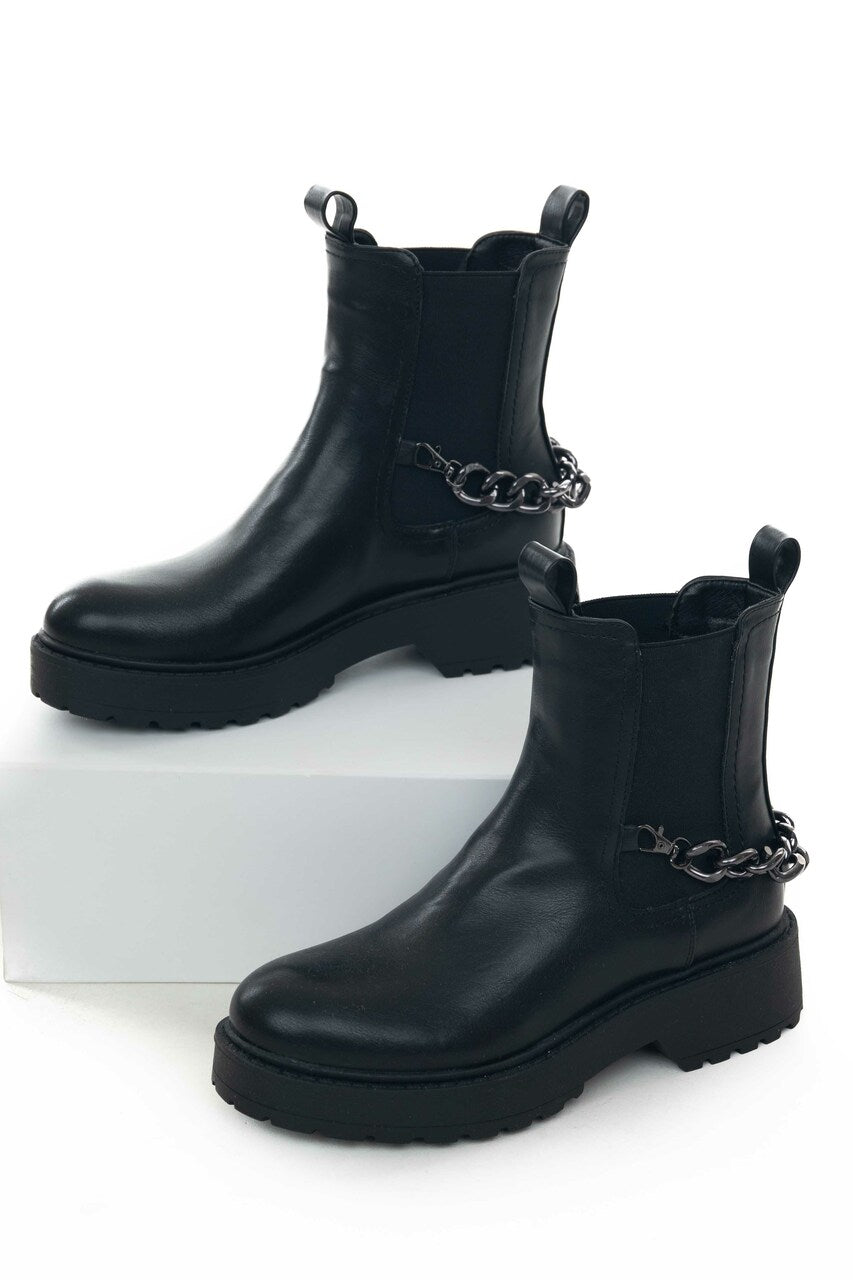 Black Faux Leather Lug Boots with Chain Detail