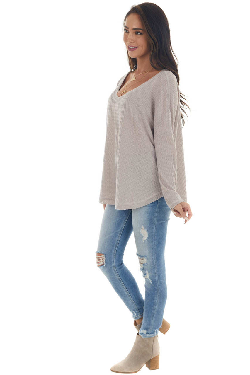 Light Taupe Raw Edge V Neck Waffle Knit Top