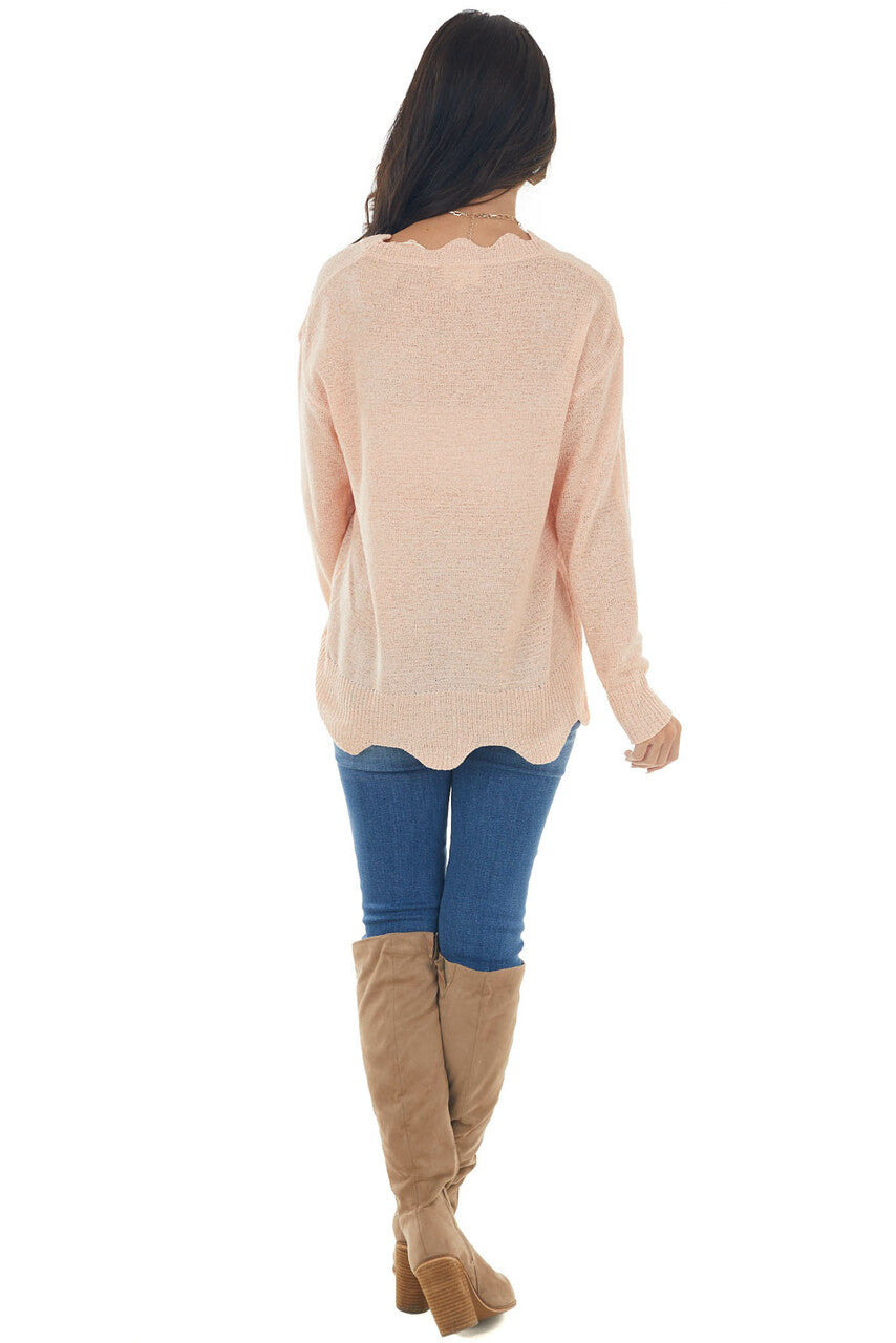 Peach V Neck Sweater with Scallop Details