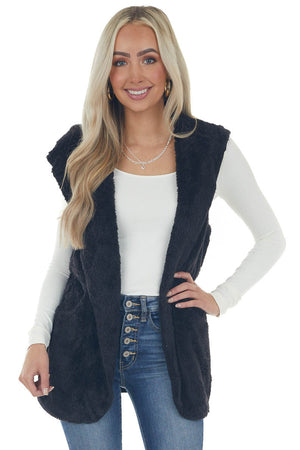 Black Faux Fur Hooded Ribbed Contrast Vest