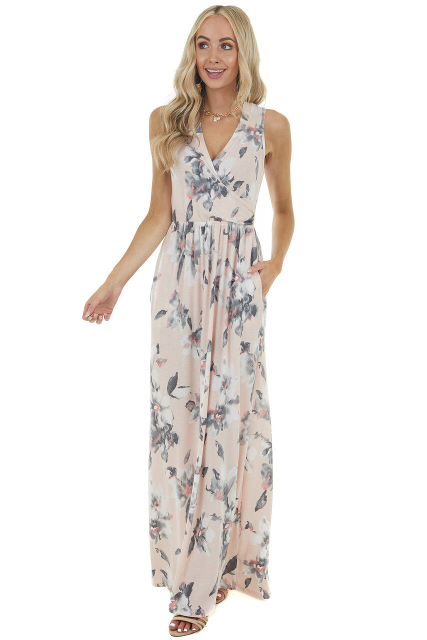 Blush Floral Sleeveless Surplice Maxi Dress with Pockets