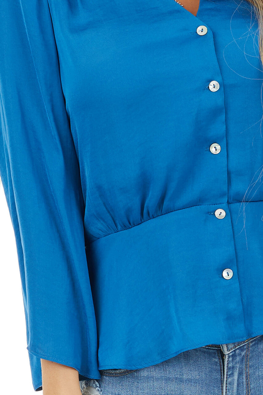 Ocean Blue Button Up Peplum Top with 3/4 Flutter Sleeves