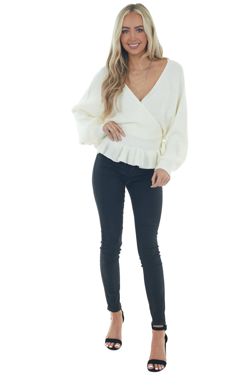 Ivory Surplice Neckline Peplum Sweater 