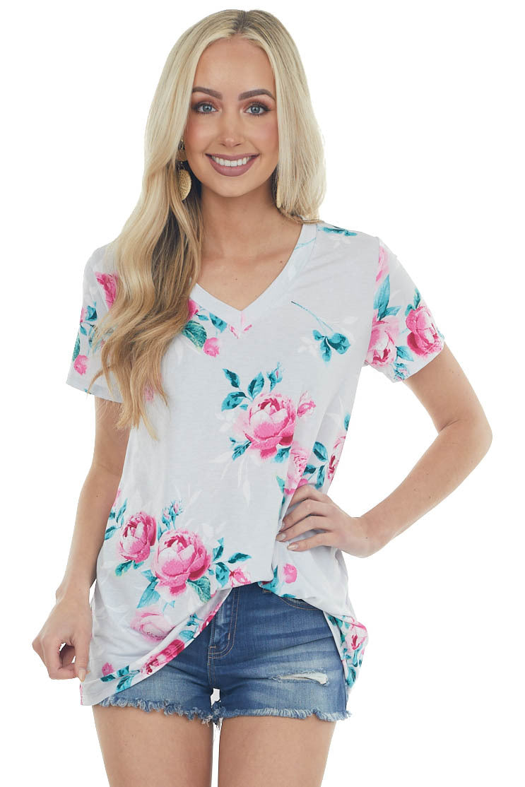 Lunar Grey Floral Print Short Sleeve Top with V Neckline