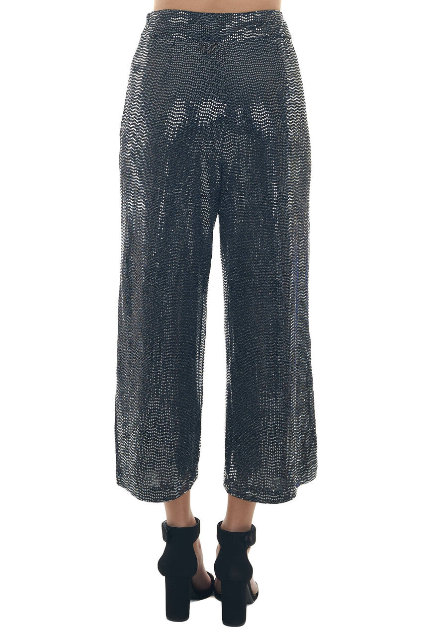 Black and Silver Sequined Wide Leg Midi Pants