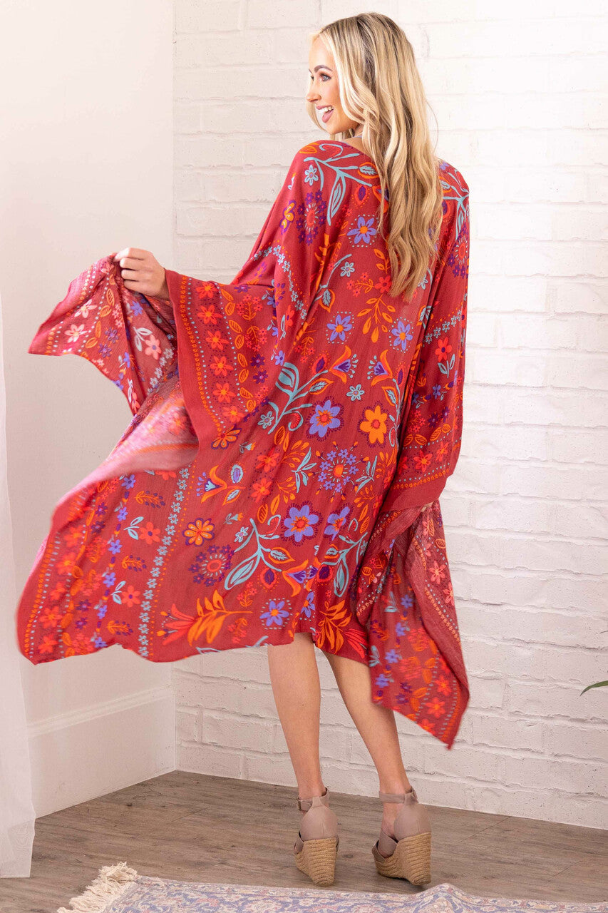 Marsala and Fire Colorful Floral Print Kimono