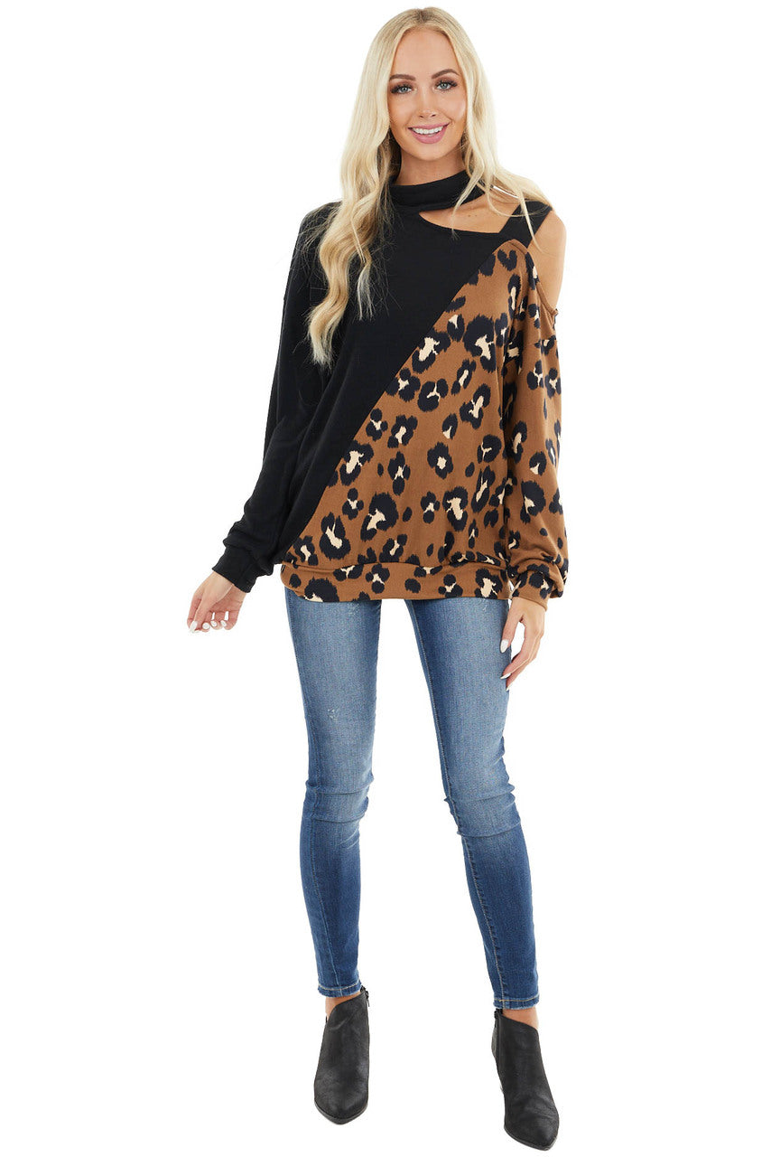 Black and Leopard Print Knit Top with Shoulder Cutout Detail