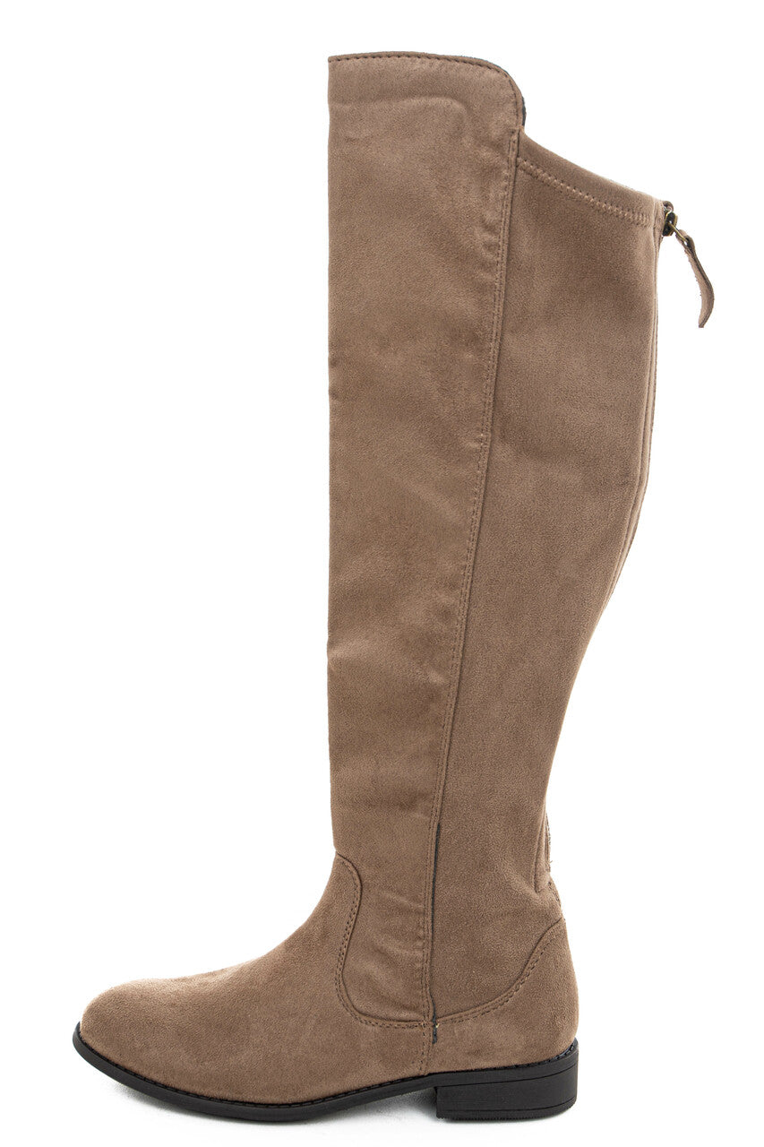 Taupe Faux Suede Knee High Zip Up Boots with Rounded Toe 