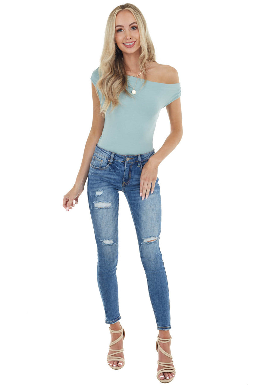 Sage Sleeveless Off Shoulder Top with Draped Neckline