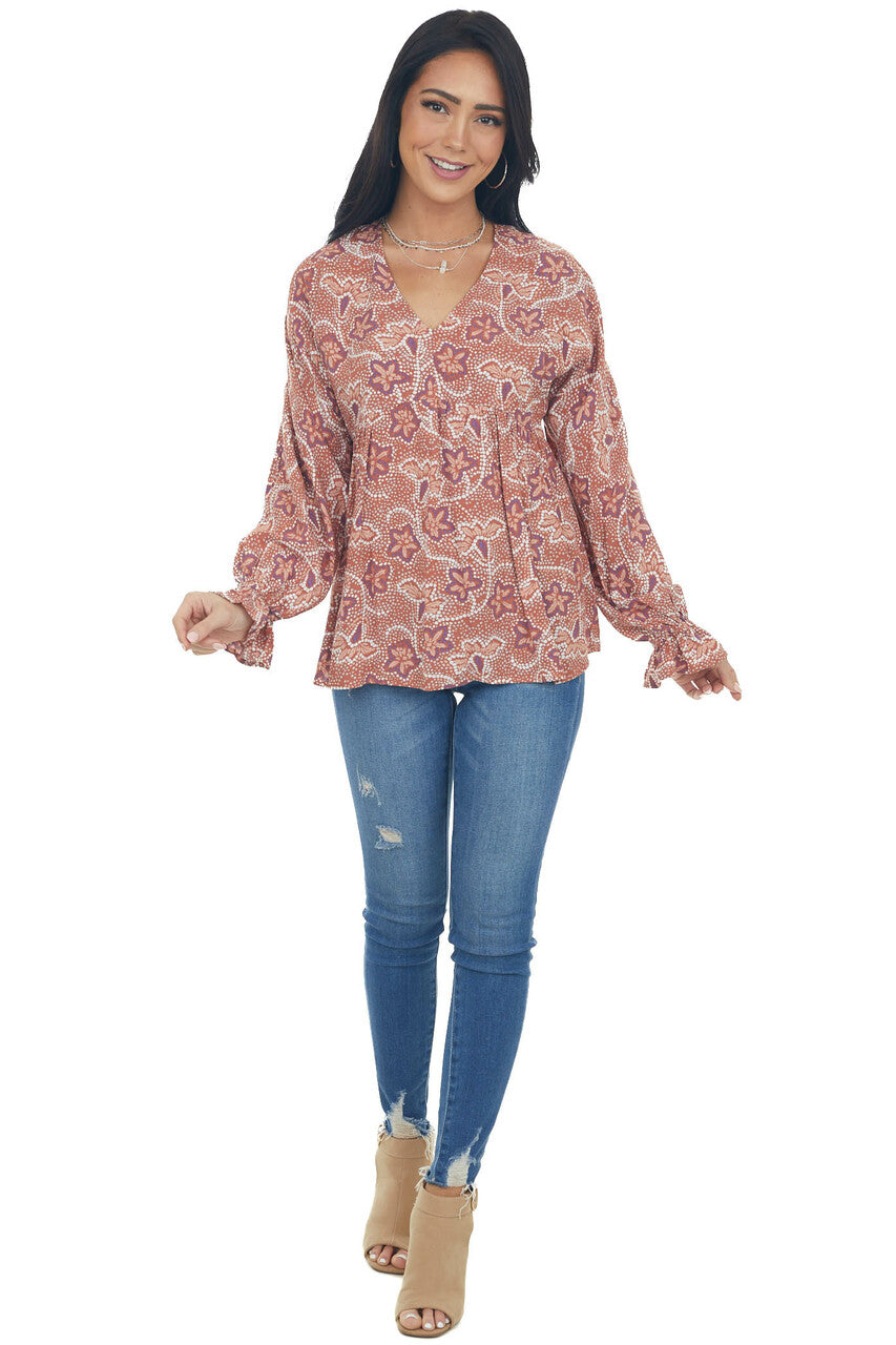 Terracotta Printed Puff Sleeve Babydoll Blouse