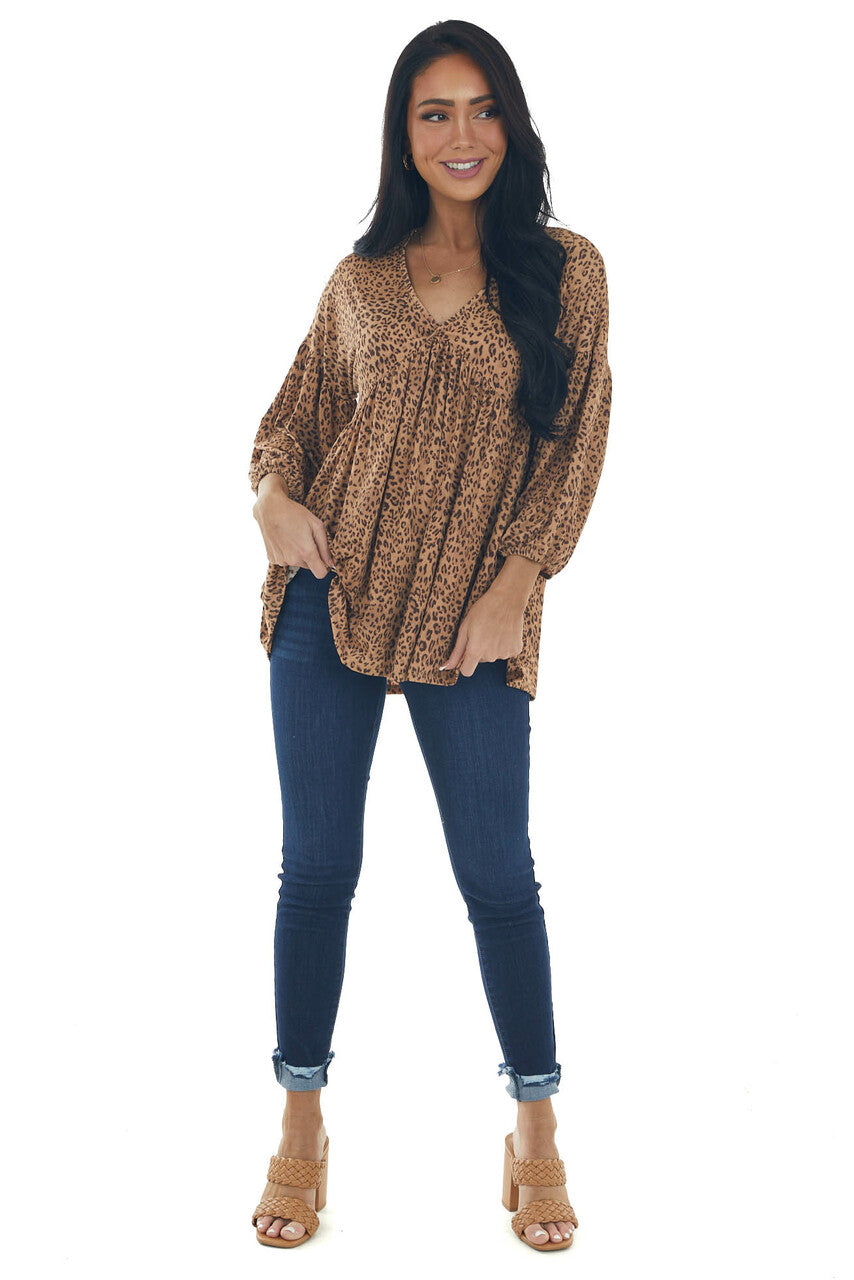 Copper Leopard Print V Neck Babydoll Knit Top 