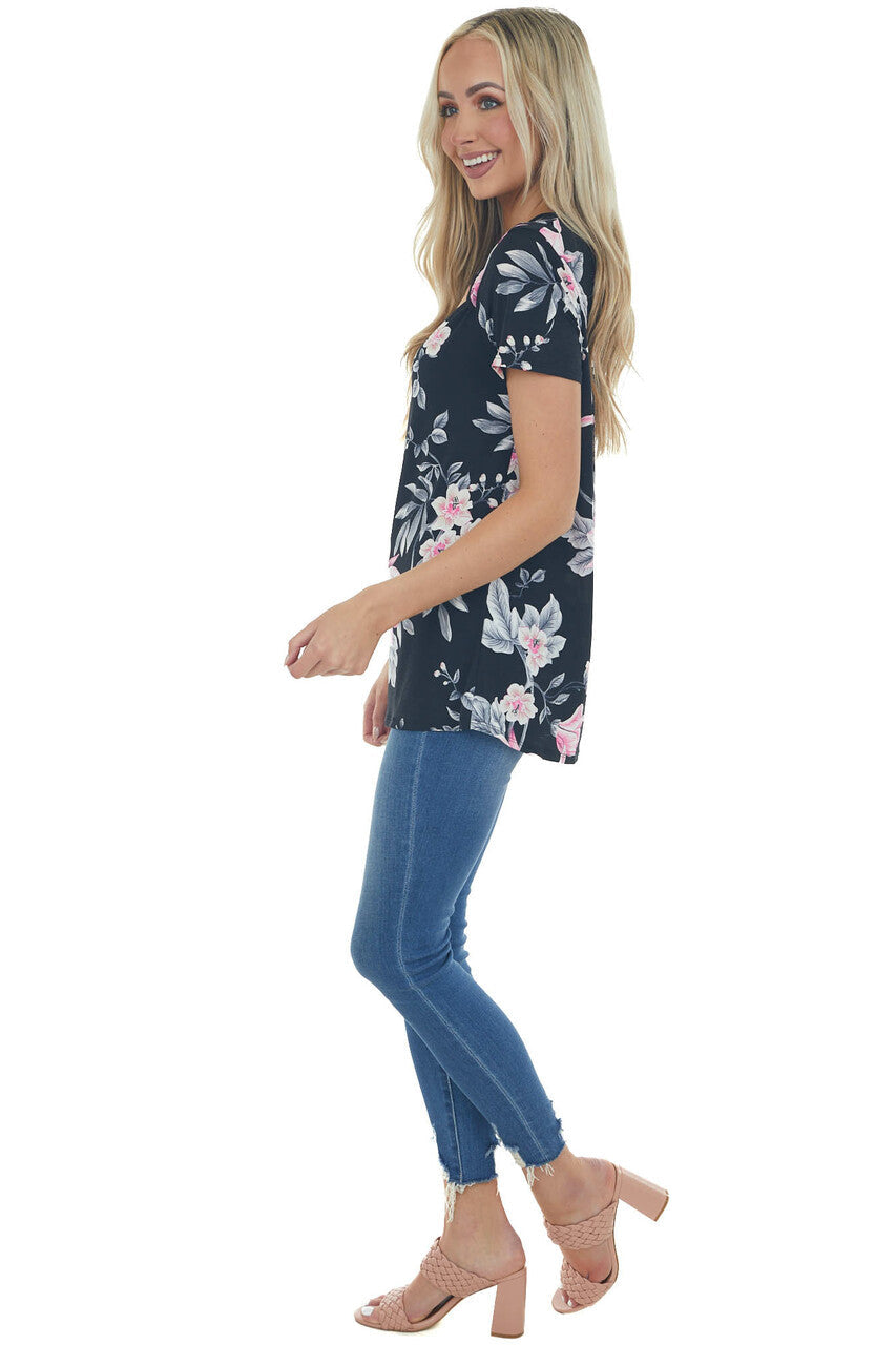 Black Floral Print Knit Top with Chest Cut Out
