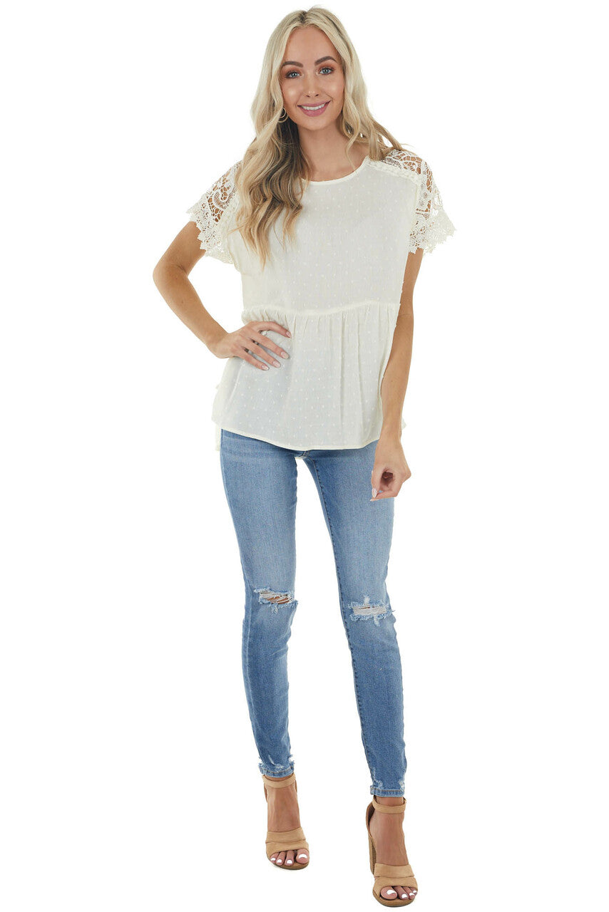 Cream Swiss Dot Woven Top with Lace Short Sleeves