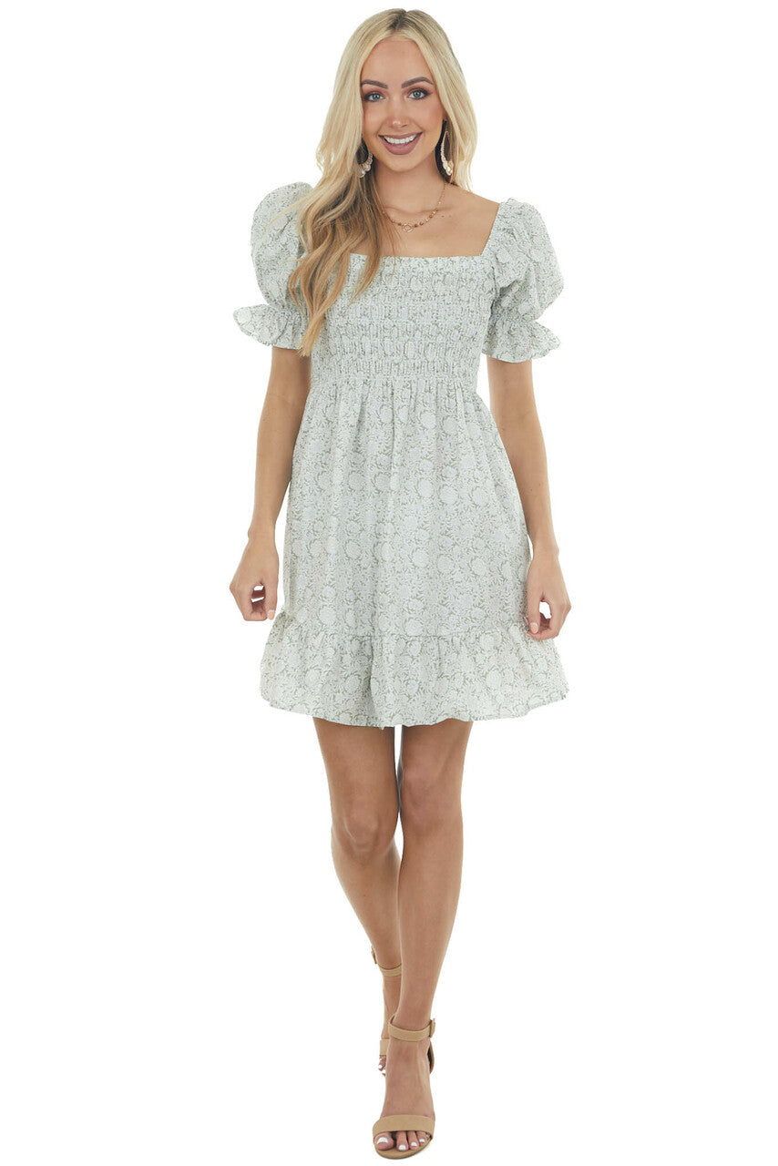 Sage Floral Half Puff Sleeve Smocked Dress