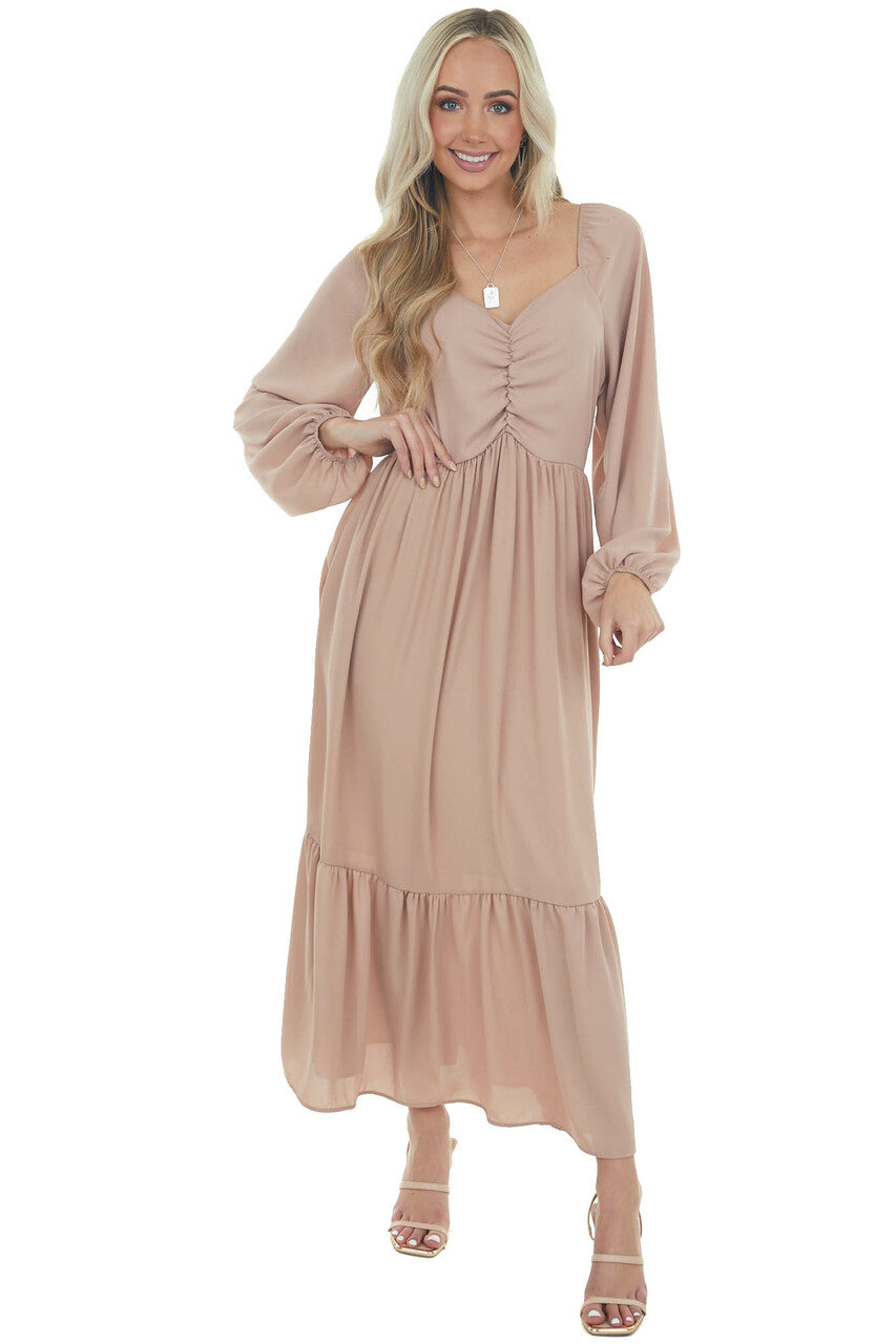 Light Rose Taupe Ruched Long Sleeve Maxi Dress