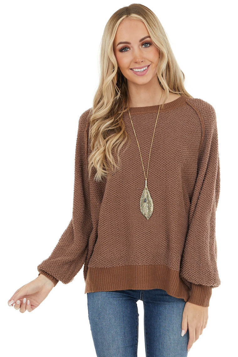 Chocolate Long Sleeve Lightweight Sweater with Raw Details
