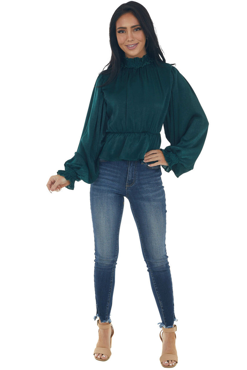 Pine Satin Mock Neck Puff Sleeve Peplum Top