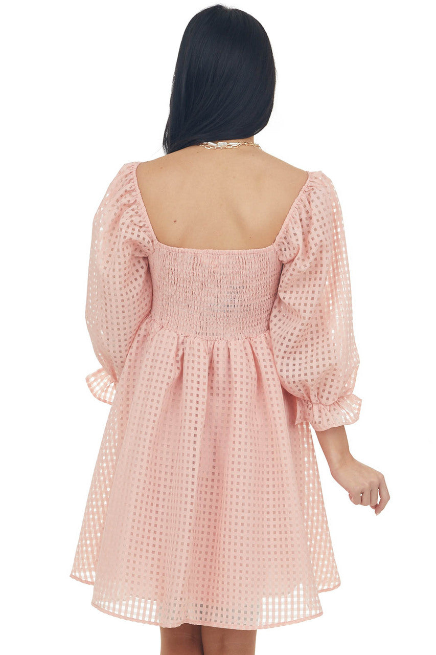 Peach Sheer Checkered Pattern Short Dress 