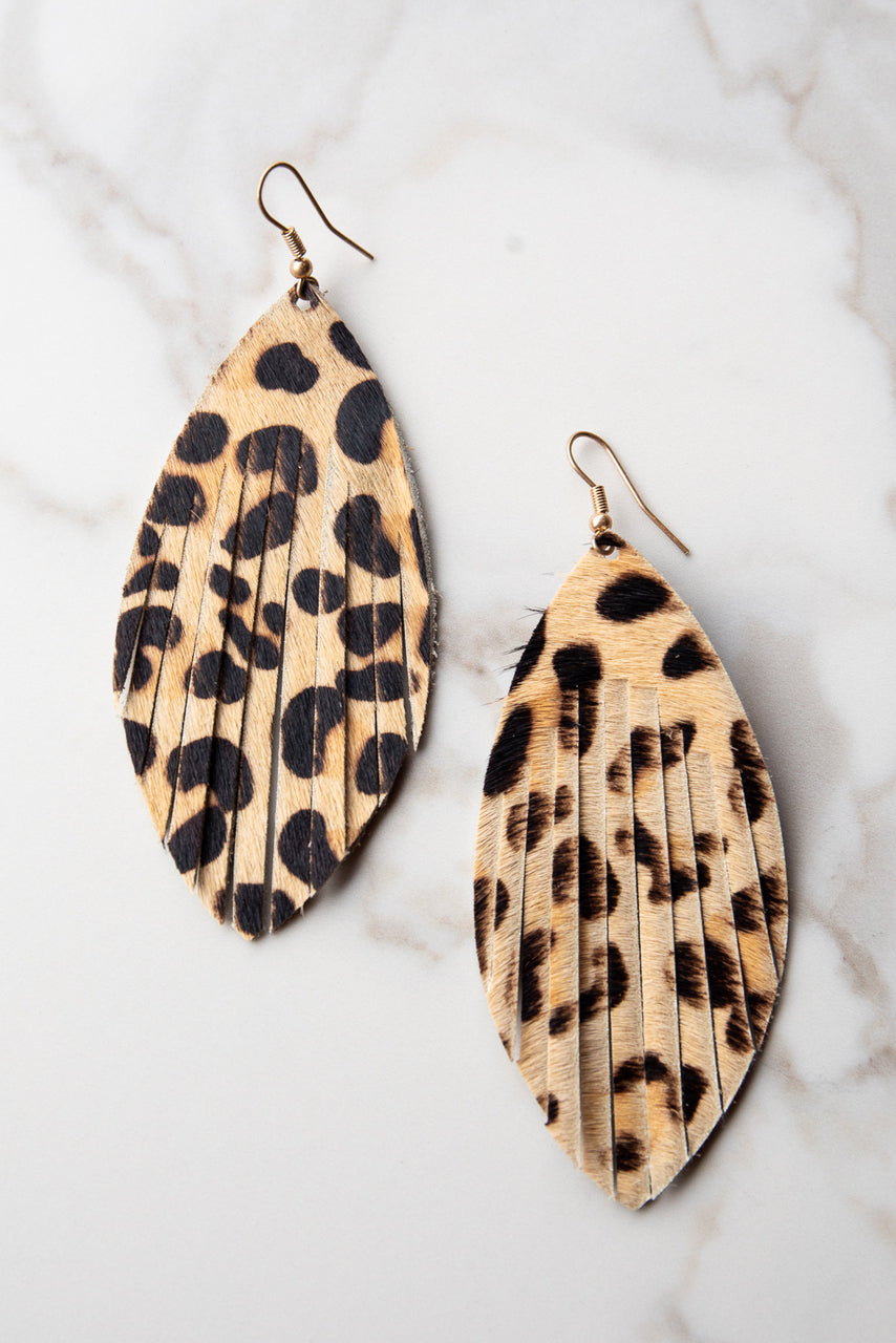 Beige Leopard Print Faux Fur Feather Earrings with Slits 