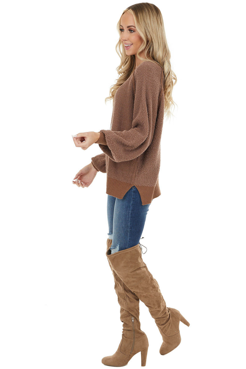 Chocolate Long Sleeve Lightweight Sweater with Raw Details