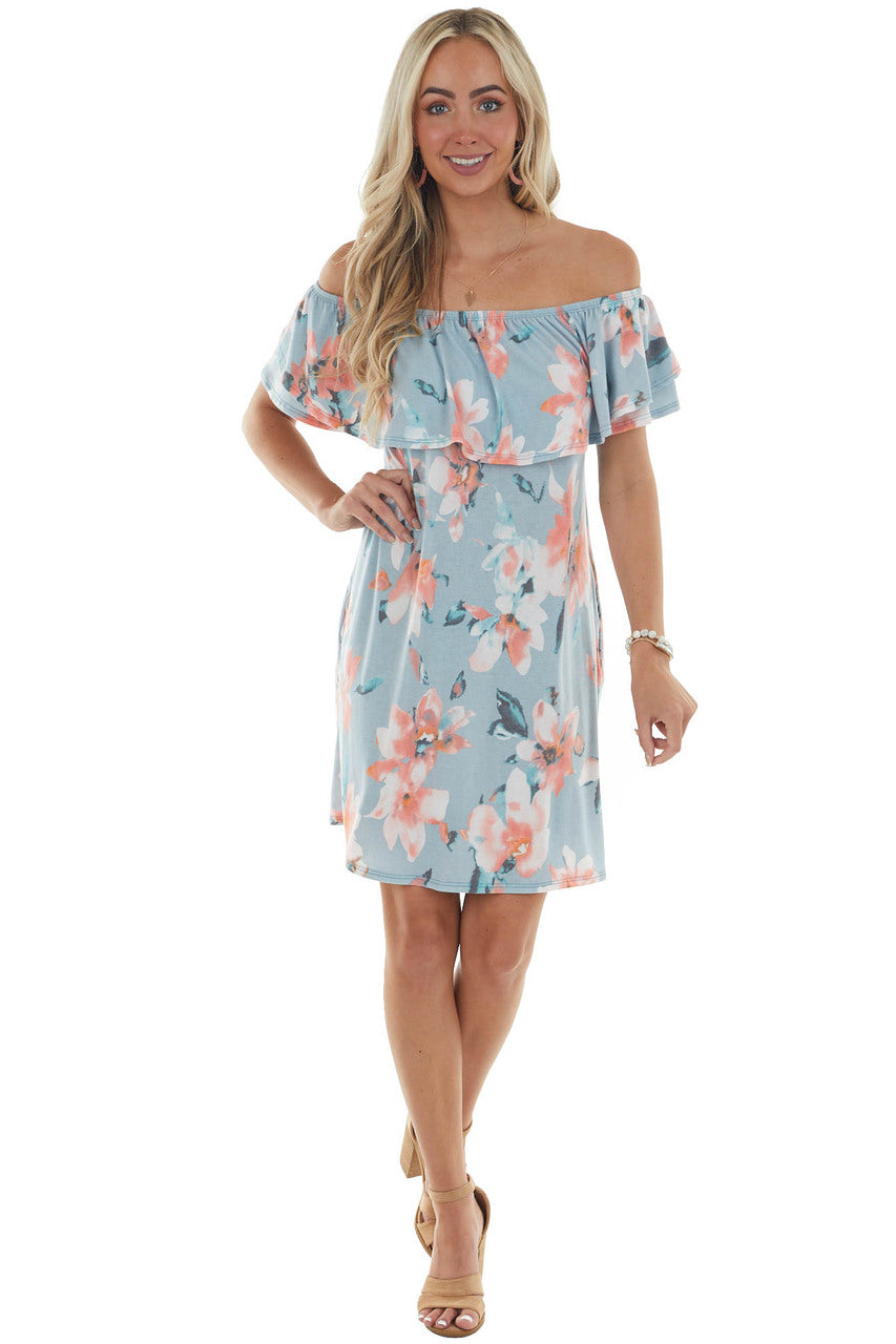 Sky Floral Off Shoulder Overlay Mini Dress