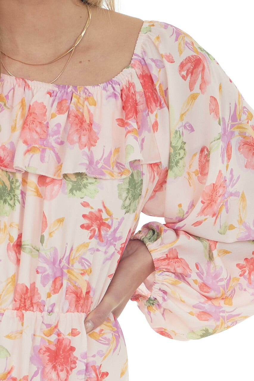 Blush Floral Off the Shoulder Ruffle Dress