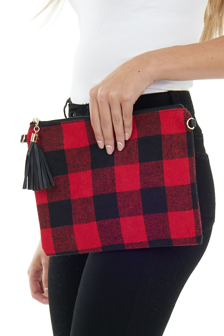 Cherry Buffalo Plaid Clutch Purse with Tassel