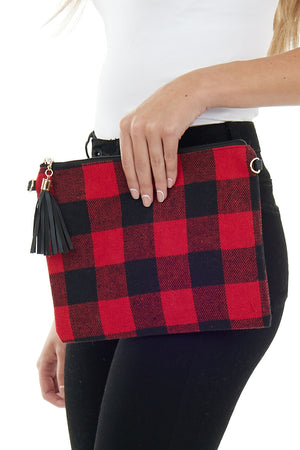 Cherry Buffalo Plaid Clutch Purse with Tassel
