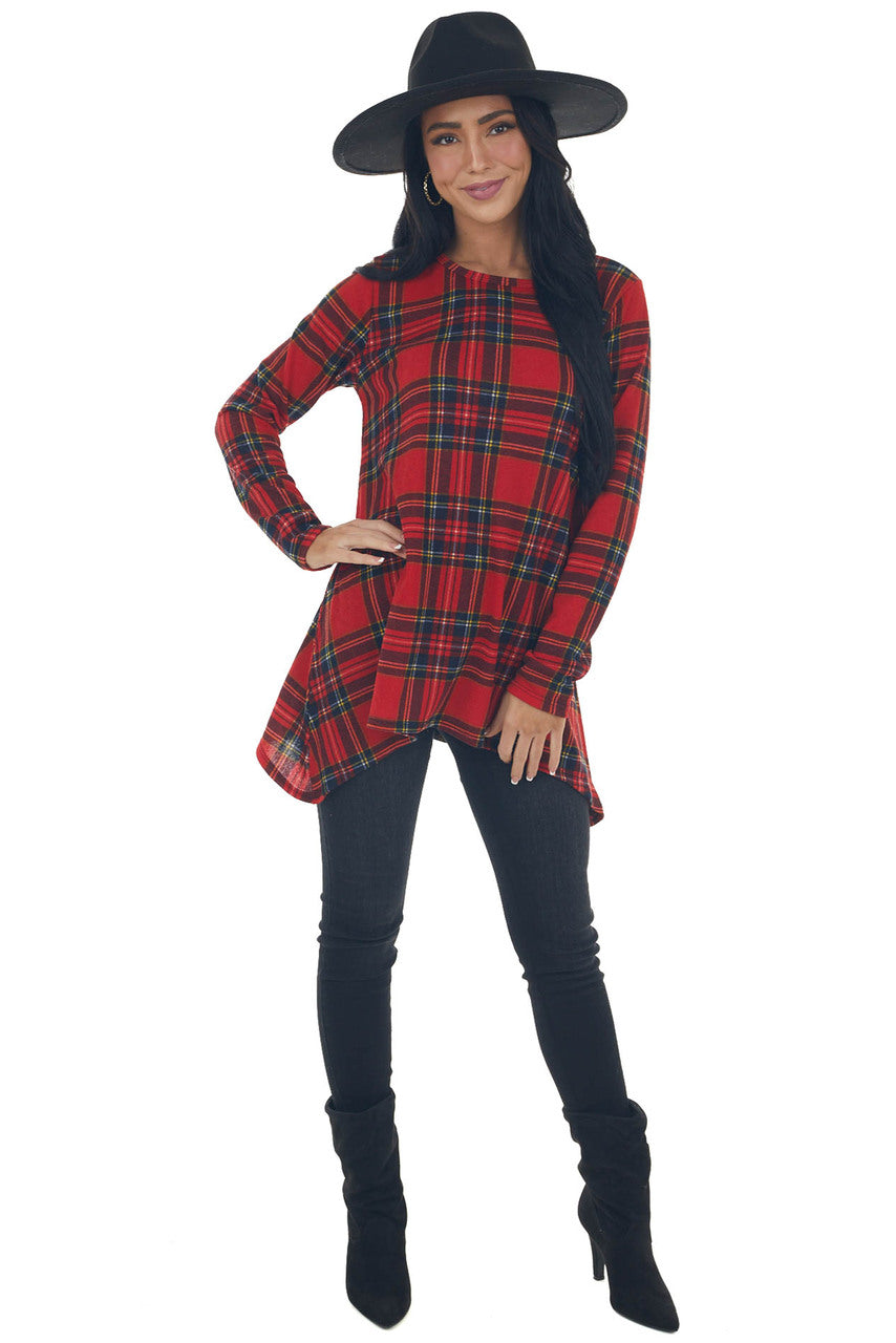 Ruby Plaid Knit Top with Handkerchief Hemline