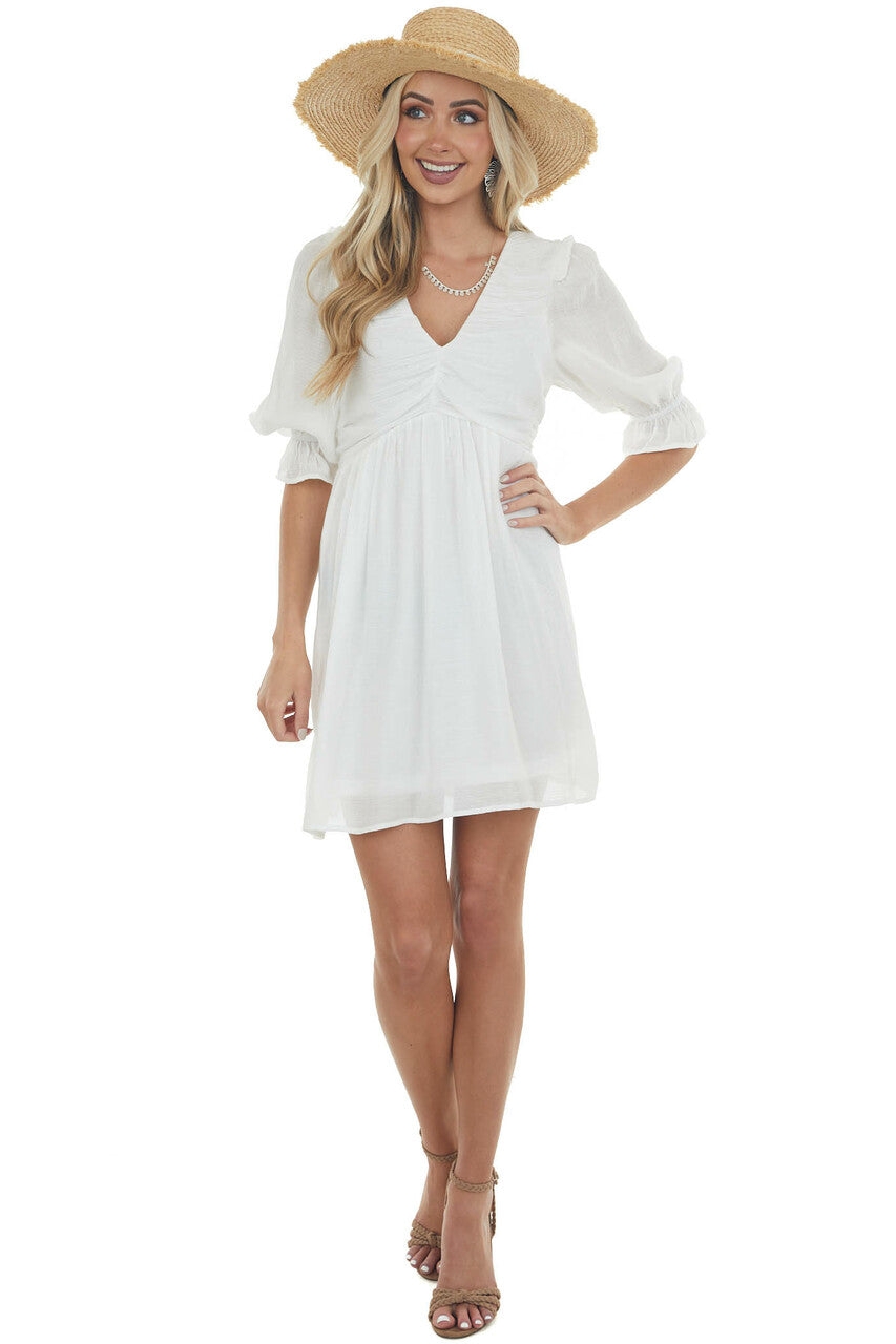 Ivory Half Sleeve Ruched V Neck Short Dress