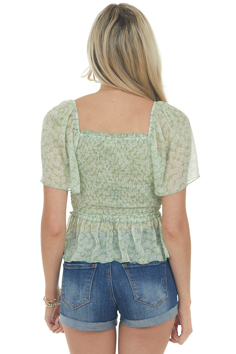 Sage Floral Print Smocked Peplum Woven Blouse