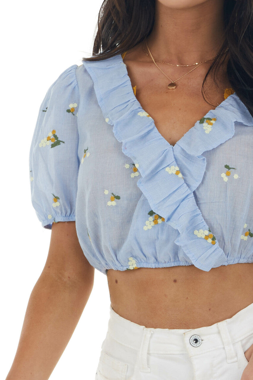 Slate Pinstripe Floral Embroidered Cropped Top