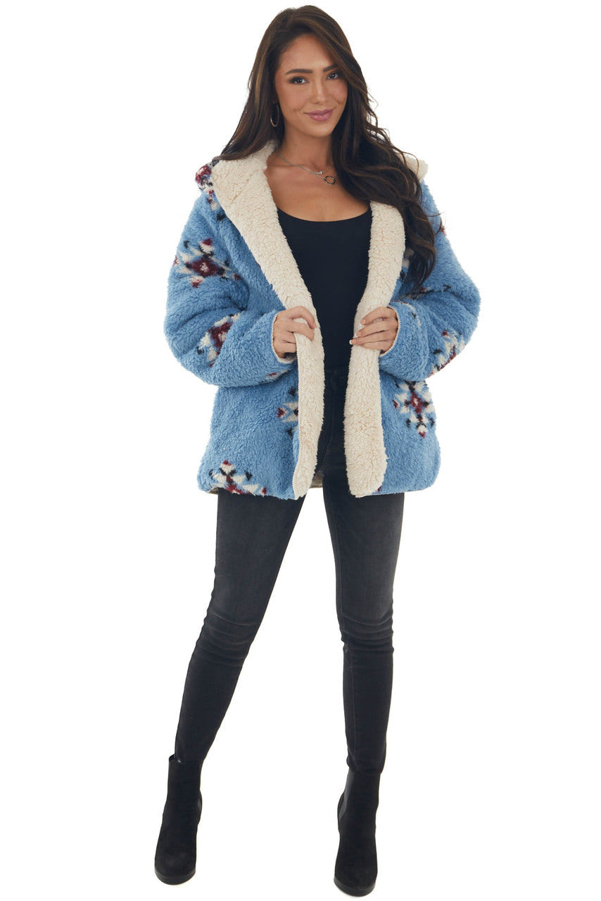 Powder Blue Aztec Reversible Sherpa Jacket 