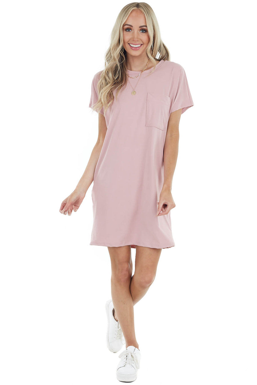 Dusty Blush Short Sleeve Tee Shirt Dress with Front Pocket