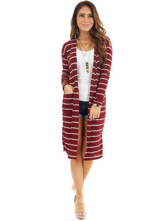 Maroon and Ivory Striped Waffle Knit Cardigan with Pockets front full body