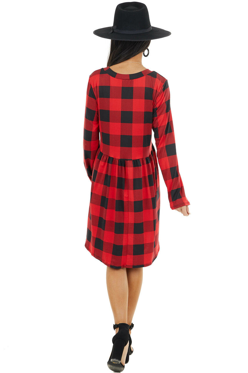 Ruby Red Buffalo Plaid Print Knit Long Sleeve Babydoll Dress