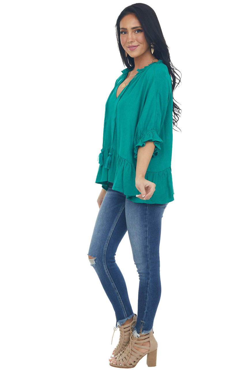 Kelly Green Textured Blouse with Ruffle Details and Neck Tie 