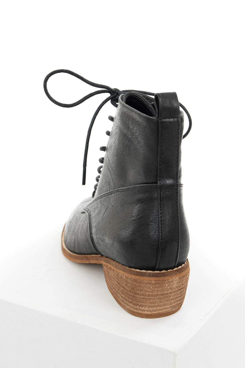 Black Faux Leather High Heeled Booties with Lace Up Front 