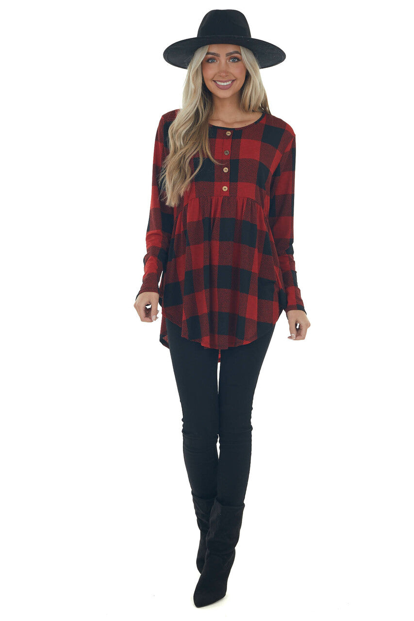 Cherry Buffalo Plaid Long Sleeve Tunic Top