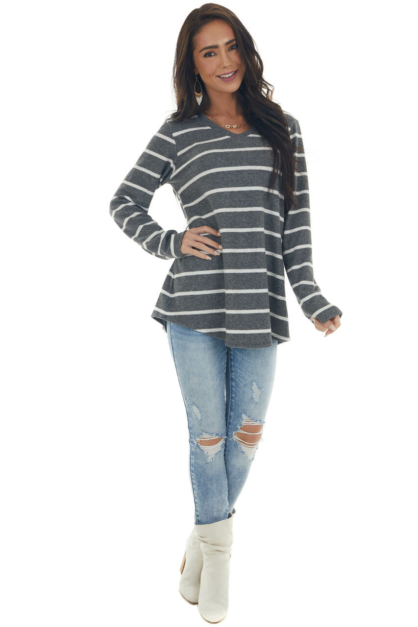 Graphite Striped Brushed Knit V Neckline Top 