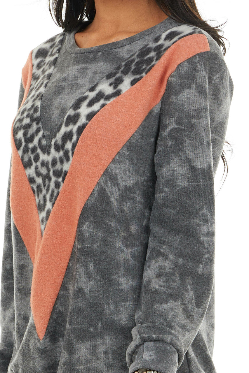 Charcoal and Tangerine Knit Top with Leopard Print Detail 